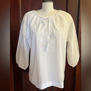 Punt Roma Women's White Embroidered Cotton Peasant Top - Size Medium
